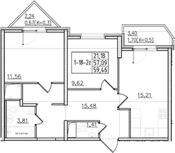 2-комнатная квартира 59.46 м², 18/19 эт., ЖК «Мурино Клаб»